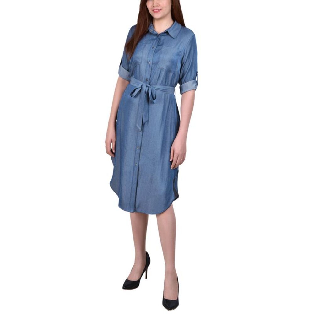 NY Collection Petite 3/4 Roll Tab Sleeve Denim Dress
